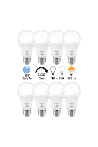 8 Adet 9w Beyaz Led E27 Ampul Tasarruflu Lamba 6500 K Beyaz Işık 800 Lümen 9w 60w
