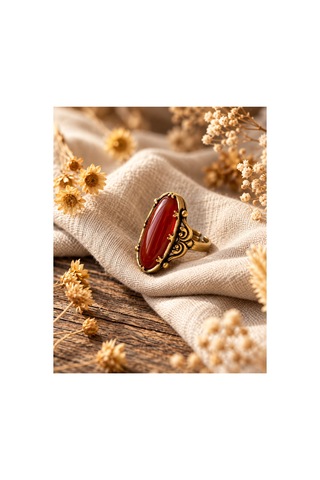 Esoo Jewelry Vintage Tasarım Bordo Doğal Taşlı Ayarlanabilir Kadın Yüzük - Antik Gold Görünümlü