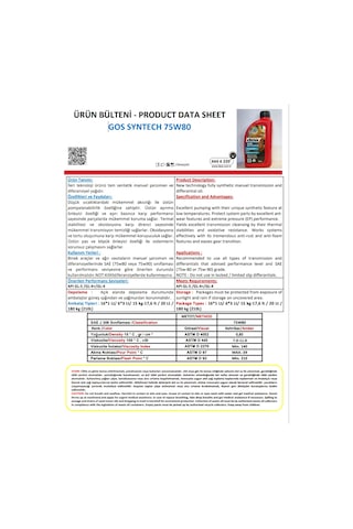 Dew Gos Syntech 75W-80 GL-5 Şanzıman Yağı 3 L