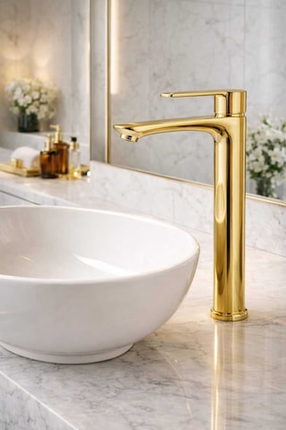 Viosa Gold Altın Renk Kaplamalı Çanak Lavabo Bataryası Yüksek Banyo Lavabo Bataryası Siyah