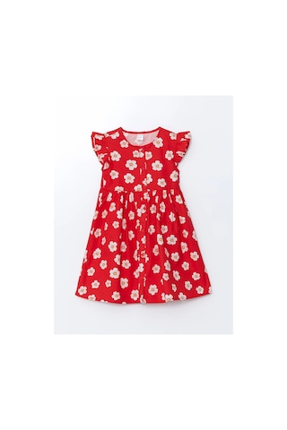 Lcw Kids Bisiklet Yaka Kız Çocuk Poplin Elbise Kırmızı Baskılı