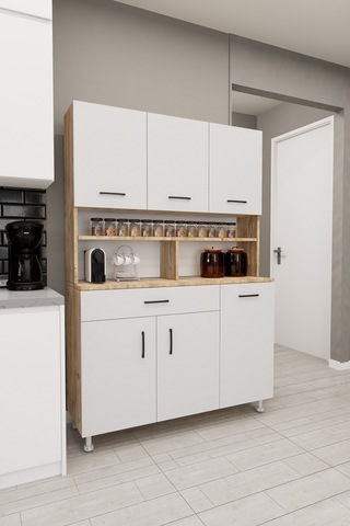 Zimbal Çok Bölmeli Dekoratif Mutfak Dolabı Atlantik Çam-beyaz Beyaz Kapak