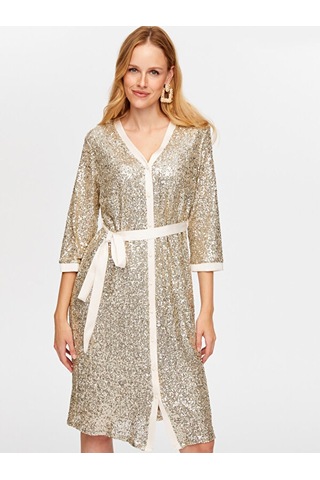 Payet İşli V Yaka 3/4 Kol Abiye Gömlek Elbise W26aby009 Uw26aby00934 Bej