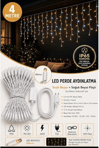 4 Metre 192 Led Profesyonel Perde Led Işık Dış Mekan Kalın Kablolu Beyaz Flaşlı Kafe Restoran Bahçe Teras Aydınlatma Sarı