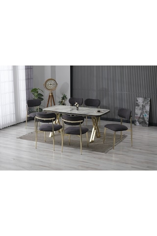 Beliz Serisi Lak Panel Masa Takımı + 6 Sandalye Gri