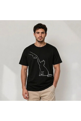 Modi Erkek Minimal Kedi Çizim Baskılı Tişört Kısa Kol Yazlık T-shirt - Siyah Açık Lacivert - Gri - Siyah