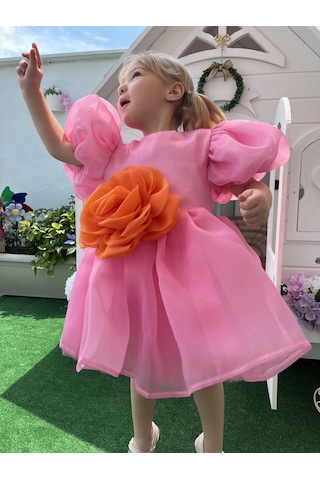 Rose- Pembe Şifon Kısa Kollu Kız Çocuk Elbisesi Pembe