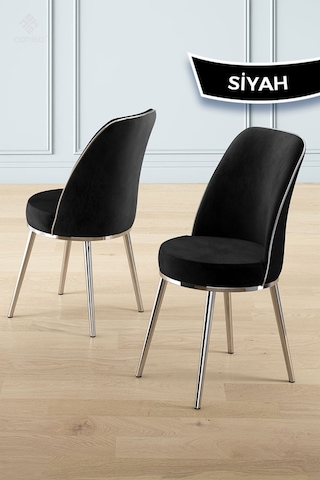Canisa Prah Serisi 90x160 Lak Panel Sonata Krom Ayak Masa Takımı Ve 6 Siyah Sandalye Siyah Mermer Masa Siyah Sandalye Krom Detay