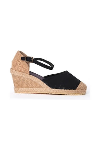 Star Tombis Gerçek Elişi Siyah Bilekten Bantlı Topuğu Açık Keten Espadril Dolgu Topuk Handmade Siyah