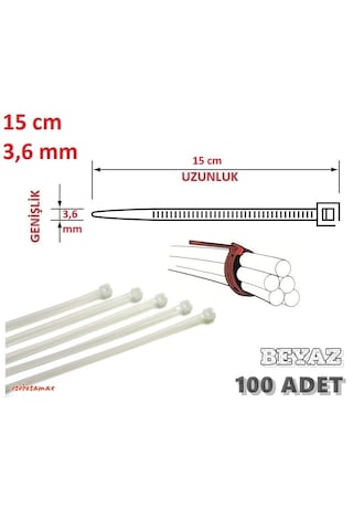 100 Adet 15cmx3,6mm Beyaz Plastik Cırt Kelepçe Kablo Bağı