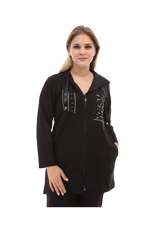 Büyük Beden Siyah Kapşonlu Pul Payetli Eşofman Takımı Siyah