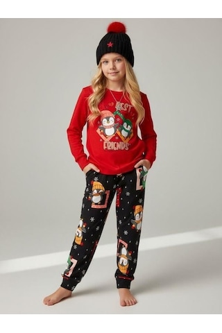 Kız Çocuk Pamuklu Best Friends Penguen Baskılı Pijama Takımı-16822 Kırmızı