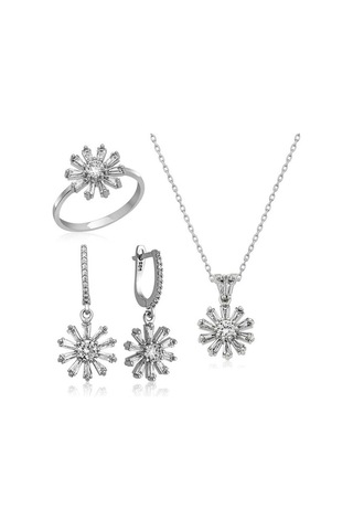 Gümüş Trapez Taşlı Çiçek Kadın Set (551180021)