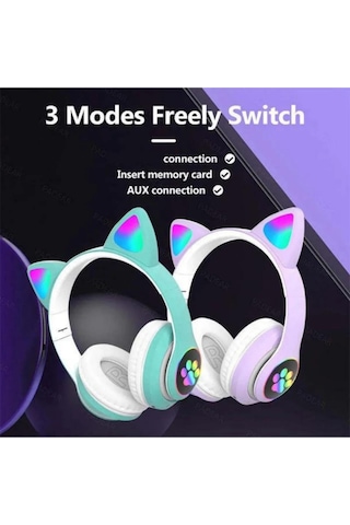 Kedi Kulağı Detaylı Kablosuz Rengarenk Işıklı Bluetooth Rgb Çocuk Oyuncu Kulaklık Üstün Performans