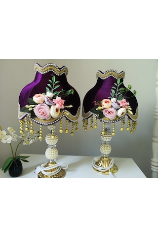 İki Adet Çiçek Dekorlu Abajur Özel Tasarım Dekoratif Eşya Mor