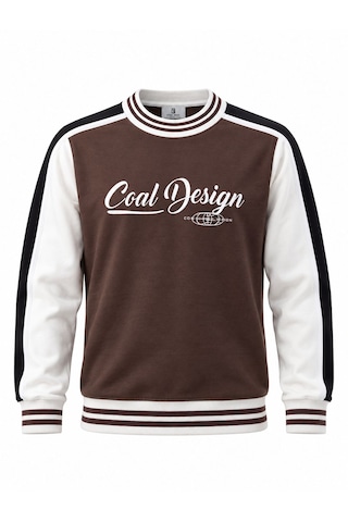 Coal City Erkek Detaylı Renk Bloklu Sıfır Yaka Sweatshirt Kahverengi - Beyaz