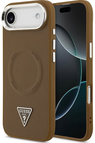 Apple Uyumlu iPhone 17 Air Kılıf Guess Lisanslı M-safeli Pu Deri Metal Kamera Çerçeve Üçgen Logo Kapak Kahverengi Kahverengi