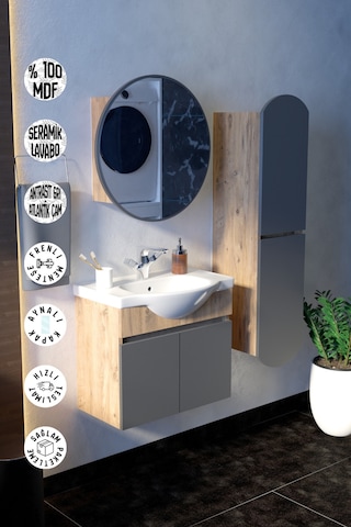 Makbulce Erciyes Havlu Dolaplı 65cm Seramik Lavabolu Mdf Oval Aynalı Banyo Dolabı Atlantik Çam Antrasit Gri