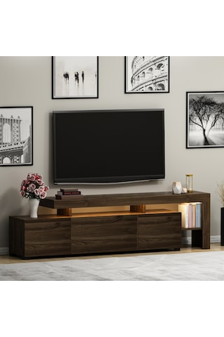 Beliz Modern LED Işıklı 3 Kapaklı, Raflı TV Sehpası – 192 cm, Ceviz