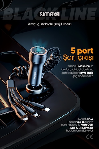 Black Line 60w Araç İçi Şarj Aleti, 5 Port, Spiral Kablolu, Type-c Micro Usb Lightning Uyumlu Siyah