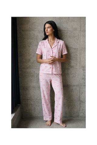 Fit Women V Yaka Düğmeli Casual Pembe Pijama Takımı