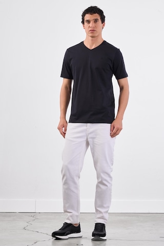 Dufy Siyah V Yaka Pamuklu Düz Renk Slim Fit Erkek T-shirt Siyah