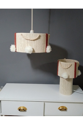 Makrome İp Avize Abajur Ponpon Avize Bebek Çocuk Avize Abajur Set Komple Makrome İp Ekru