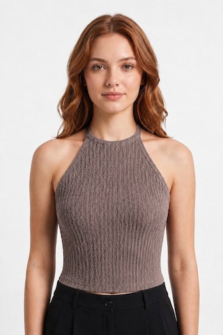 Cottonhıll Premium - Tide Collection Vizon Halter Yaka Boyundan Bağlamalı Bürümcük Dokulu Kadın Crop Bluz VİZON