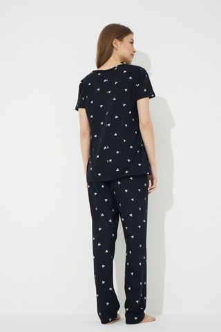 Siyah İnci Siyah Beyaz Kalp Desenli Kısa Kollu Pamuklu Pijama Takımı