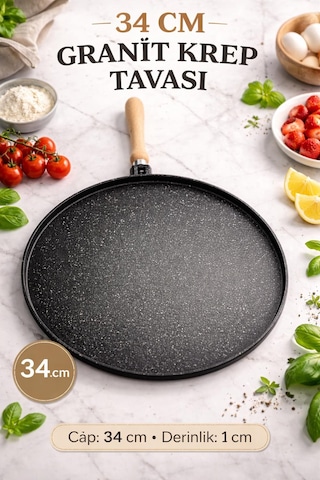 34 Cm Granit Krep Tavası Çift Taraflı Bazlama Tava Granit Tava Yumurta Tavası Çok Amaçlı Tava Siyah