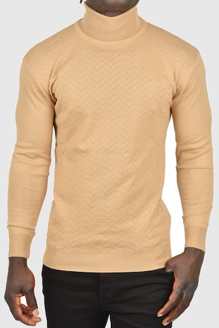 Rizzup Erkek Camel Zigzag Desenli Tam Balıkçı Yaka Dar Kesim Boğazlı Triko Kazak 2505497