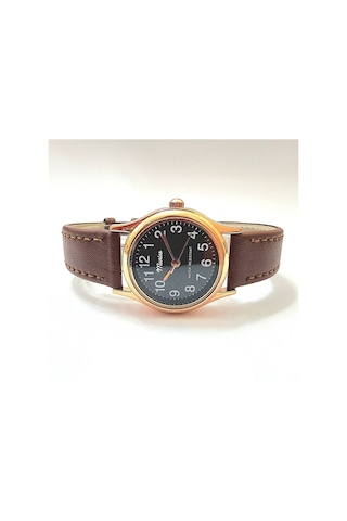 Retro Kadın Deri Kol Saati, Minimal Tasarım, Rose Gold Renk, Vintage Tasarım, Kahverengi Siyah Altın