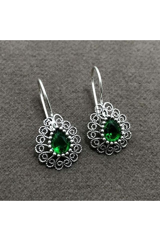 Midyatgümüşnurtaş Zümrüt Taşlı Damla Model Oksitli Telkari Gümüş Bayan Küpe
