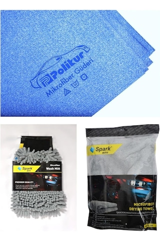 Polikur 3356 Güderi Oto Kurulama Bezi & Spark 7050 Oto Eldiveni & Spark 2316 Peluş Bez 3'lü Set