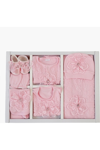 Sitilin Kız Bebek Dantelli Taşlı Lüks 10'lu Hastane Çıkışı Seti %100 Pamuk Premium Yenidoğan Stl7228 Pembe
