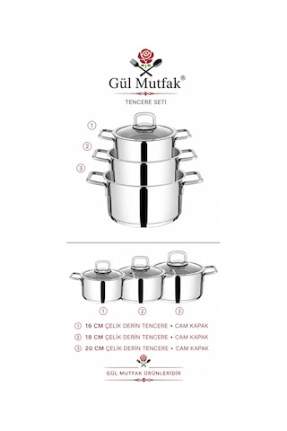 6 Parça Tencere Seti Cam Kapak Paslanmaz Çelik 16-18-20 Cm Gümüş