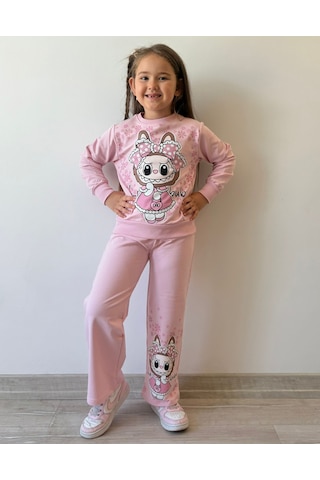 Yağmur Giyim Pjk2i Labubu Desenli Pembe Bol Paça 2 İp %100 Pamuk Kız Çocuk Takımı 3-10 Yaş 8186-p Pembe