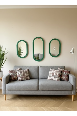 3 Lü Oval Duvar Aynası / Yeşil Dekor Oval Ayna -dekoratif Ayna Seti Yeşil