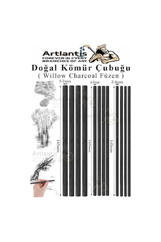 Kömür Çubukları Doğal Füzen 12 Li 1 Paket Eskiz Karakalem Çizim Gölgeleme Kömürü Siyah Willow Charcoal Hobi Sanat