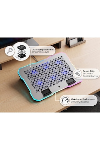 Laptop Soğutma Standı 5 Kademeli Rgb Gaming Notebook Soğutucu, 9-17.3 İnç Uyumlu, 6 Fanlı Sessiz Profesyonel Soğutma Standı