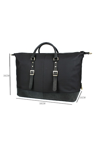 Unisex Siyah Hakiki Deri Kanvas Seyahat Ve Spor Çantası El Valizi Siyah