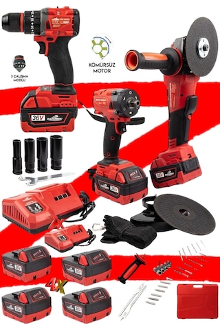 Matkap-taşlama-somun 3'lü Set 36 Volt 5 Ah 4 Akülü Kömürsüz Seri