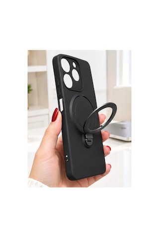 İnfinix Spark 10 Pro İle Uyumlu 360 Derece Dönebilen Kalın Metal Magsafe Halka Stantlı İçi Kadife Korumalı Ultra Lüx Premium Silikon Kılıf Siyah