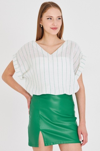 Armonika Kadın Yeşil V Yaka Yanları Yırtmaçlı Arkası Uzun Duble Kol Detaylı Oversize Bluz Arm-25y001056