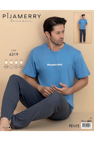 Pijamerry Erkek Bisiklet Yaka Kısa Kol Penye Pijama Takımı 6319 - 1 Adet Mavi