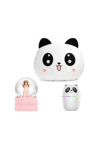 Panda Temalı Dekoratif Tasarıma Sahip Hediye Seti Peluş Panda Yastık + Buhar Makinesi Nemlendirici + Melek Figürlü Kar Küresi Dekoratif Hediye Seti