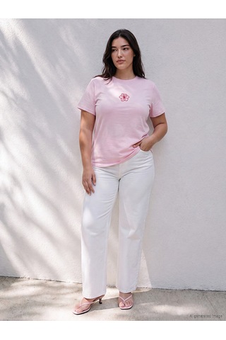 Lcw Petite Pembe Çiçek Nakışlı %100 Pamuklu Kadın Tişört