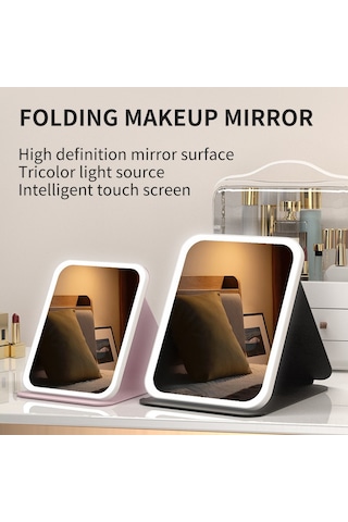 Geeroyoo Usb Şarjlı Led Makyaj Aynası - Üç Renk Işık, Dokunmatik Dimmer, Folding Tasarım, Taşınabilir, Yüksek Kaliteli Cam - Pembe Büyük Boy Pembe Büyük Şarjlı Üç Renkli Işık Hd Ayna Dokunmatik Ayarlı - Doğal Işık