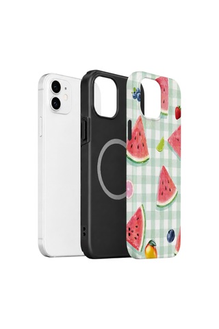 Apple iPhone Uyumlu 11 Vorian Çift Katmanlı Magsafe Kılıf Watermelon Picnic Gingham