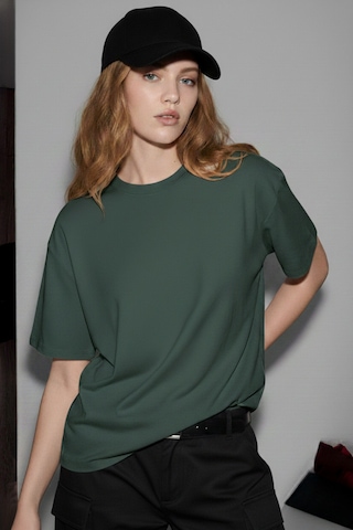 Soft&Basic Kadın %100 Organik Pamuk Oversize Fit Basic Yuvarlak Yaka T-shirt Haki